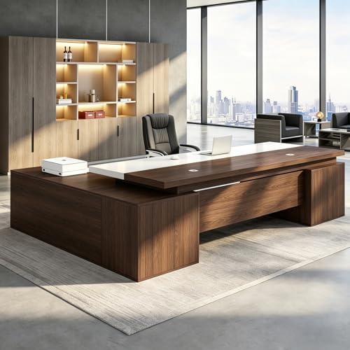Executive Desk, L Shaped Executive Office Desk with Locking Drawer & File Cabinet, 1'' Thick Desktop, Large Office Desk with Storage, Modern Executive Computer Workstation for Home Office & Business by Unknown