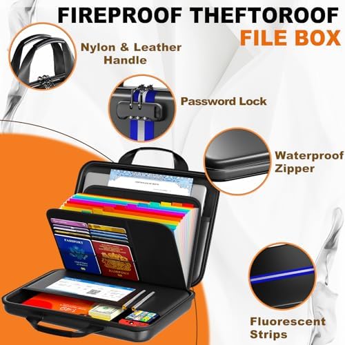 Fireproof Document Organizer with Lock, Semi-Rigid EVA Shell File Box with 13-Pocket Accordion Folder, Water-Resistant Storage for Important Documents, Passports & Certificates - Image 3