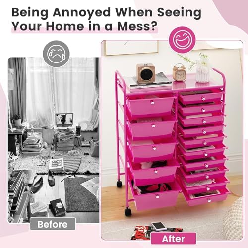 LDAILY 15 Drawer Rolling Storage Cart, Rolling Cart with Drawers for Classroom, Art Supply Craft Organizer on Wheel with Metal Frame & Handles for Home Office School - Image 4