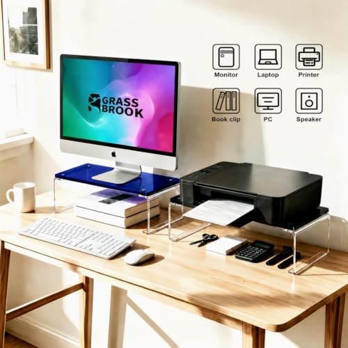 Acrylic Monitor Stand Riser L18.5" x H5" | Multi-Purpose Desk Organizer for Monitor & Laptop, Compatible with PC, Apple Studio Display and Printer, Ideal for Home Workspaces & Office Desks (Blue) - Image 4