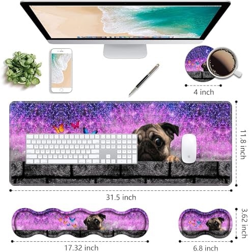 Ergonomic Keyboard Wrist Rest & Mouse Pad Wrist Rest Set, Large XXL Gaming Desk Mat 31.5"x 11.8" with Non-Slip Base, Memory Foam, Easy Typing Pain Relief for Home & Office, Cute Pug and Butterfly - Image 2