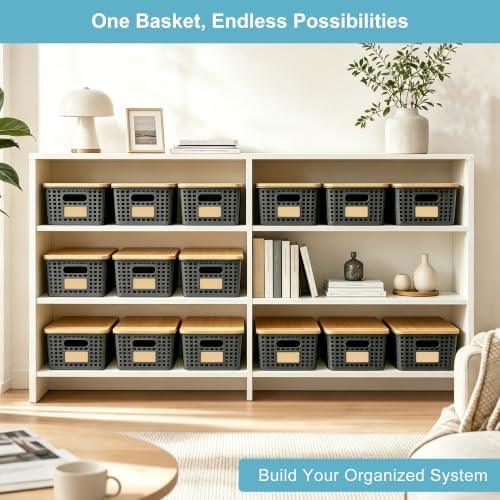 Bagnizer Small Plastic Storage Bins with Bamboo Lids 5.2qt Stackable Box Basket Pantry Decorative Containers Cute with Lable for Organizing Desktop Closet Office Gray of 6 packs 10 * 7.2 * 4.1" - Image 6