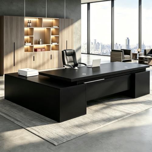 Executive Desk, L Shaped Executive Office Desk with Locking Drawer & File Cabinet, 1'' Thick Desktop, Large Office Desk with Storage, Modern Executive Computer Workstation for Home Office & Business by Unknown