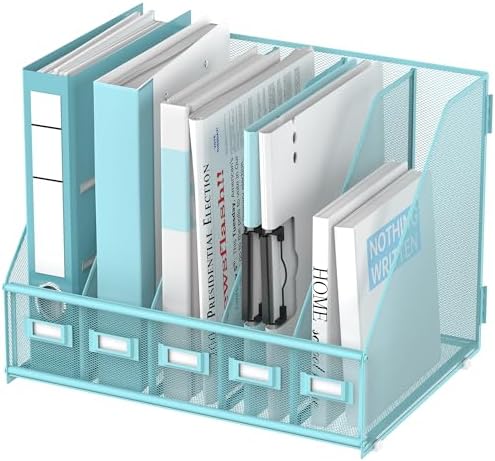 SUPEASY Desk Organizers Metal Desk Magazine File Holder with 5 Vertical Compartments Rack File Organizer for Office Desktop, Classroom, Home Workspace, Blue Plus by SUPEASY