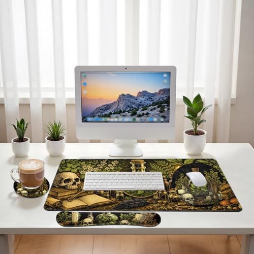 Dark Alchemy Desk Mat Set Witch Herbal Skull Study Large Mouse Pad with Wrist Rest 4in1 Desk Mat for Desktop Ergonomic Computer Desk Arm Wrist Anti-Slip Computer Mouse Pad Home Office Gaming - Image 6