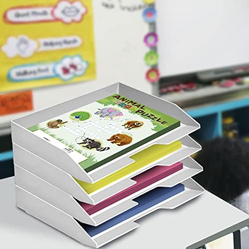 Acrimet 4 Tier Paper Organizer Letter Tray – Plastic Stackable Desk File Organizer, Side Load Paper Sorter for Letter/A4 Office File Folder Holder – White - Image 5