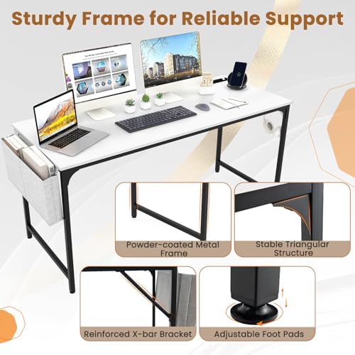 Giantex 60 Inch Computer Desk with Charging Station, Home Office Writing Desk with Storage Bag & Headphone Hook, Large Gaming Table PC Workstation, Modern Simple Laptop Desk for Bedroom, Study - Image 4