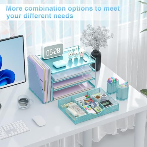 gianotter Desk Organizers and Accessories with File Holder, 4-Tier Desk Accessories & Workspace Organizers with Drawer and 2 Pen Holder, Desk Reference Organizer (Blue, 4T with Metal Drawer) - Image 3