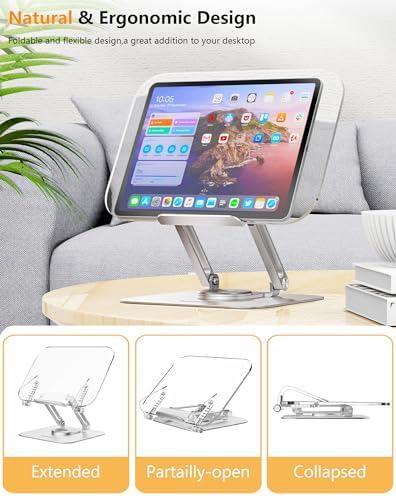 ACIsland Acrylic Book Stand for Reading-Adjustable Holder with 360° Rotating Base & Page Clips- Foldable Desktop Ricer for displaying Cookbook-Sheet Music-Laptop-Recipe-Textbook-Hands Free-Aluminium - Image 6