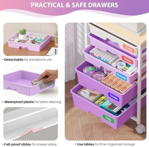 Goovilla Rolling Cart with 5 Drawers for Craft, Art, Dorm, Office, Purple - Image 3
