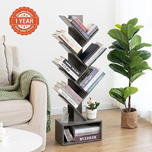 Yoobure Tree Bookshelf - 6 Shelf Retro Floor Standing Bookcase, Tall Wood Book Storage Rack for CDs/Movies/Books, Utility Book Organizer Shelves for Bedroom, Living Room, Home Office, Grey - Image 2