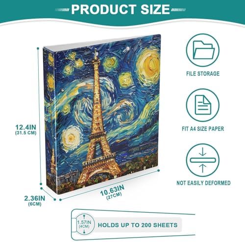 JIPONI 3 Ring Binder Paris Skyline by Van Gogh 1 Inch Round Binders for Men Women Students, Cute File Organizer for Office Home School - Image 4