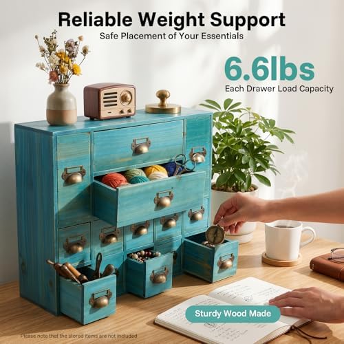14 Drawers Apothecary Drawers Card Catalog Cabinet,Wooden Storage Box with Drawers,Library Card Catalog Cabinet for Desktop Organizer,Blue - Image 3