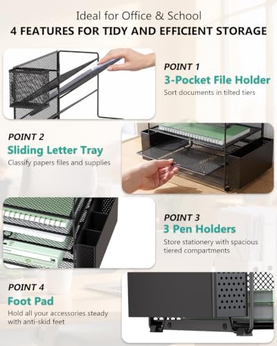 WALI Desk File Organizer, 7 Tier Desktop Paper Letter Tray Organizer with Drawer and 3 Pen Holders, Office Desk Accessories & Workspace Organizers for Office, Home, School Supplies, 1 Pack, Black - Image 4