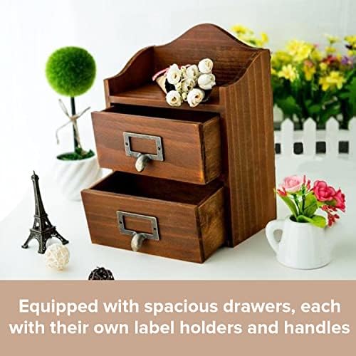 Mini Vintage 2 Drawer Desktop Organizer - Rustic Card Catalog with Label Holders - Small Chest for Storage and Organization - Library Box - 2-Pack - Image 5