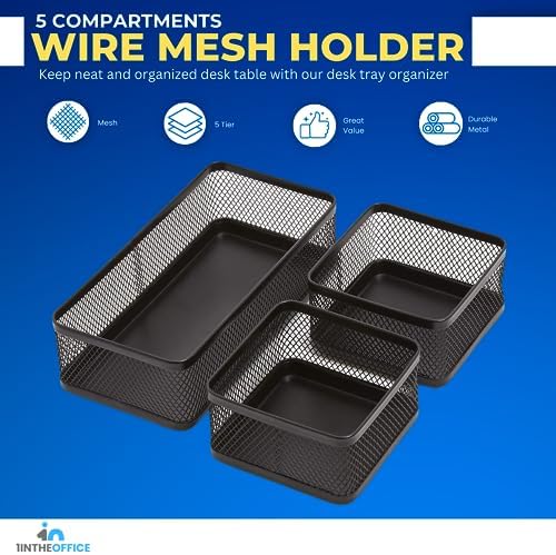 1InTheOffice Mesh Collection Desk Drawer Organizer Tray 3 Compartment - Stackable, Matte Black - Image 2