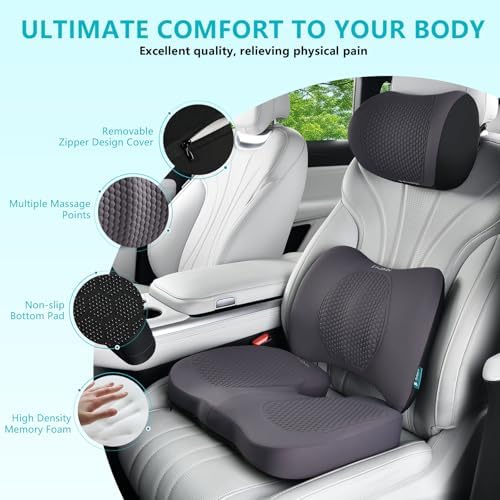 FLORICH 3 PCS Seat Cushion for Carseat Lumbar Support Pillow Car Neck Headrest Pillows Memory Foam Gel Memory Foam Massage Point Seat Pads Pressure Relief Back Cushion for Office Chair(Grey) - Image 3