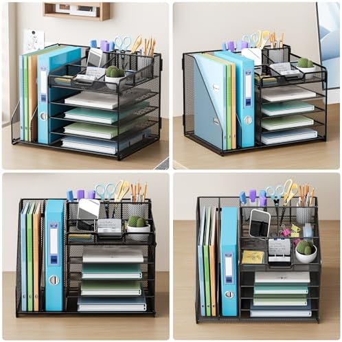 Lavatino Desk Organizer, 5-Tier Metal Mesh Paper Letter Tray with 2 File Holders & 7 Flexible Dividers for Office or Home Desk Organizers and Accessories, Keep Workspace Supplies Neat, Black - Image 5