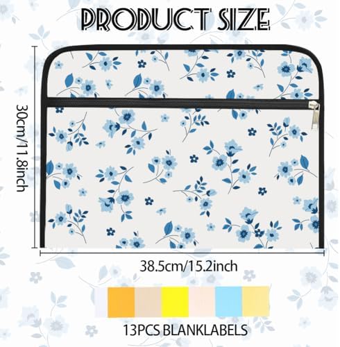 WEBEEDY Blue Flowers Expanding File Folder 13 Pockets Accordion Folder Document Organiser with 12 Color Labels and Zipper, Paperwork Organizer for Photo Letter Receipt Back to School Supplies, A4 - Image 2
