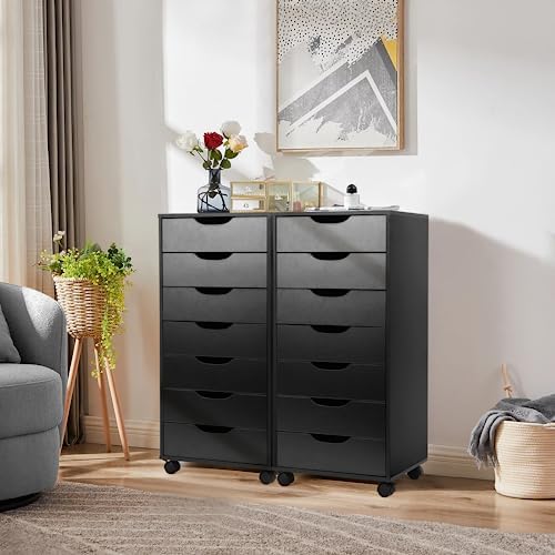 TUSY 7 Drawer File Cabinet with Wheels, Mobile Wood Storage Cabinet for Home Office, Rolling Drawer Organizer for Office Supplies, Printer Stand, Black - Image 5
