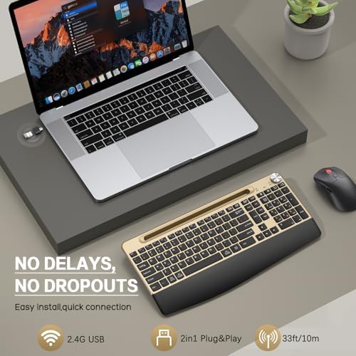 GAMCATZ Ergonomic Wireless Keyboard and Mouse with Wrist Rest，Phone Holder - 2.4GHz Full-Sized Low-Profile Quiet Gold Wireless Mouse and Keyboard Combo for Computer, Laptop, PC, Mac-Gold - Image 2