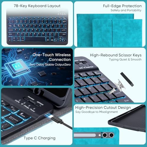 Keyboard Case for Samsung Galaxy Tab S10 Lite/S10 FE/S9 FE 5G 10.9"/S9,Mouse and 7 Color Backlit Keyboard,Pencil Holder, Magnetic Detachable,Premium PU Leather Cover with Auto Sleep/Wake,Blue+Mouse - Image 3