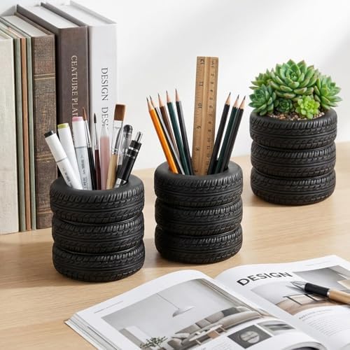 12 Pcs Tire Pen Holder Desk Decorations for Men - Funny Car Tire Stack Pencil Pot for Office Accessories, Unique Gift Idea - Image 3