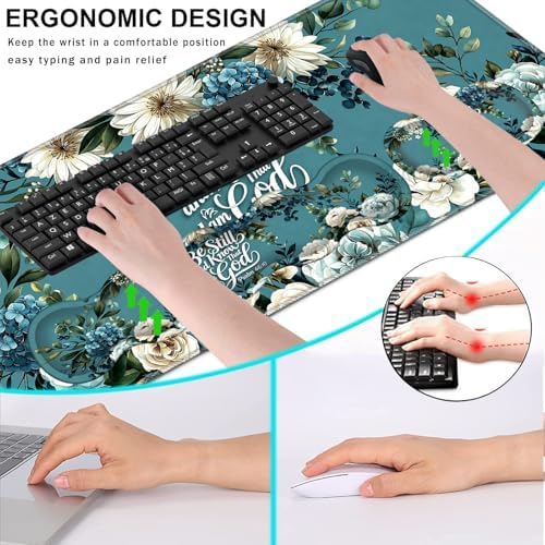 Keyboard Wrist Rest and Mouse Pad with Wrist Support Set Ergonomic Coaster,Memory Foam,Easy Typing Pain Relief,Large XL Desk Mat 31.5"x 11.8",Be Still Floral Bible Verse - Image 6