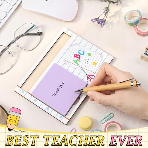 Fullhawl 36 Pcs Back to School Teacher Gifts Set Wood Sticky Note Pad Holder with Sticky Notes Bamboo Pens Pencil Apple Crayon Ruler Composition Notebook Thank You Gift for Teacher Staff Office Supply - Image 4
