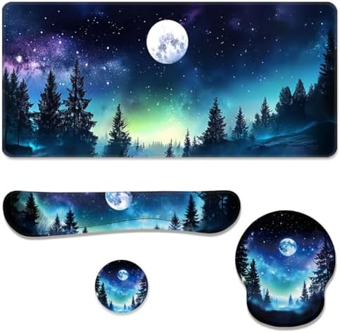Moon Night Desk Mat Set Forest Aurora Sky Large Mouse Pad with Wrist Rest 4in1 Desk Mat for Desktop Ergonomic Computer Desk Arm Wrist Anti-Slip Computer Mouse Pad Home Office Gaming by Unknown