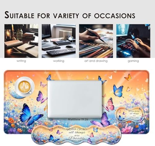 Large Keyboard Mouse Pad Set, Extended Mouse Pad+Keyboard Wrist Rest Support, Memory Foam Ergonomic Easy Typing, 4Pcs (31.5×11.8 in) Desk Pad Set for Office Home,Bible Verse Flower Butterfly - Image 7