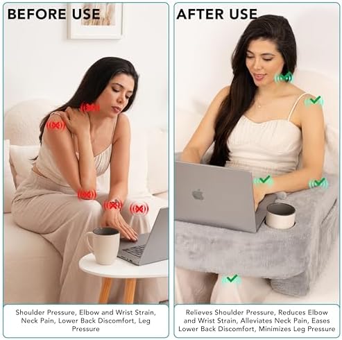 Reading Pillow for Gaming – Extra Large Lap Desk & Arm Rest with Cup & Phone Holder, Adjustable Heights, Laptop Support, Large Pockets – Comfortable for Work, Gaming & Crocheting (Furry Grey) - Image 5