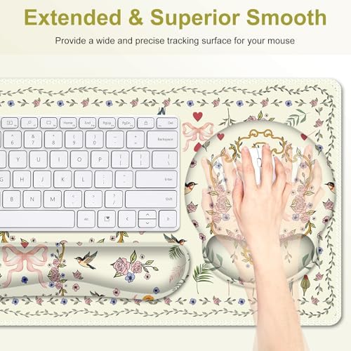 Off-White Mouse Pad, Cute Large Desk Mat Extended Nature Aesthetic Deskpad, 4 PCS Non-Slip Rubber Base Computer Mouse Pads for Work, Game, Office, Home Decor Gifts I Heart Bow & Floral Magpie - Image 4