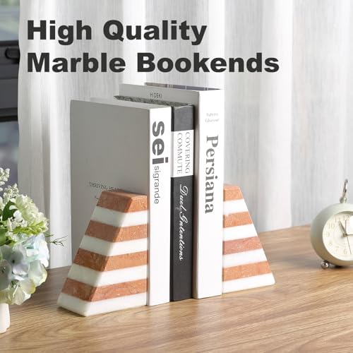 Karibiber Marble Book Ends, Non-Skid Bookends for Shelves, Composite Bookend with Natural Stone, Heavy Duty Book Stopper, Collected CDs and Oversized Books Organizer, White & Red Decorative Bookends - Image 6