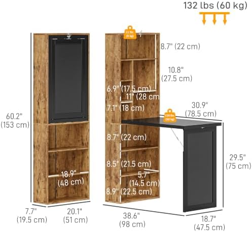 HOMCOM Foldable Desk Wall Mounted Convertible Table, Rustic Brown - Image 3