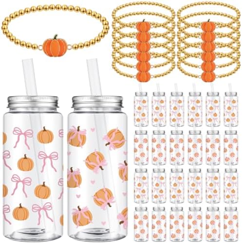 48 Pcs Fall Gift Bulk for Women, Pink Bow Pumpkin Cup Bracelets by Ferrochef