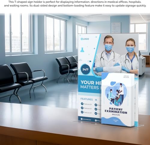 Marketing Holders Sign Holder for 8.5" x 11" Signs Countertop Display with 4" Wide Brochure Pocket for Graphic Images in Offices and Stores Clear Acrylic T Shaped Double Sided Bottom Load - Image 4