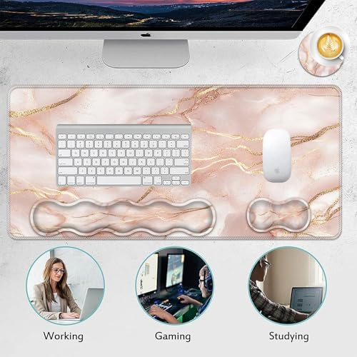 Mouse Pad Set,(31.5×11.8 in) Desk Pad + Keyboard Wrist Rest Support + Mouse Wrist Rest + Coaster for Office,Home,Computer,Laptop - 4 Rose Gold Marble - Image 6