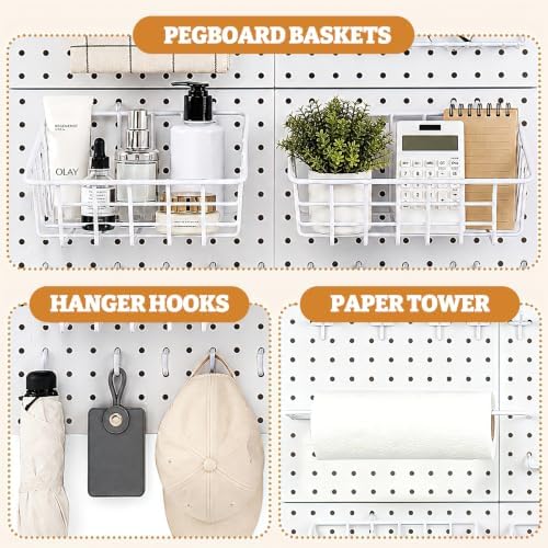 24PCS Pegboard Accessories Organizer Kit, Dual-Lock Pegboard Hooks with Locking Pins 2 Wire Storage Baskets Paper Towel Holder 6-Hook Rack Heavy Duty Steel Pegboard Storage Organizer White - Image 2