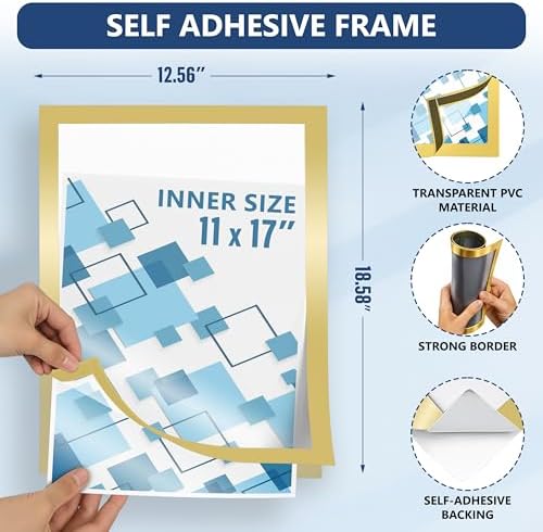 12 Pack Magnetic Sign Holder 11 x 17 with Adhesive Back - Gold Magnetics Poster Frame & Magnetic Paper Holder - Reusable Adhesive Frames 11x17 - Magnet Frame for Wall Windows - Magnet Document Holders - Image 2