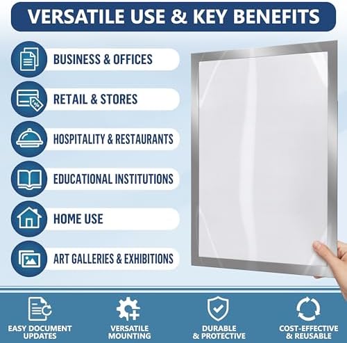 30 Pack Magnetic Sign Holder 11 x 17 with Adhesive Back - Silver Magnetics Poster Frame & Magnetic Paper Holder - Reusable Adhesive Frames 11x17 - Magnet Frame for Wall Windows - Magnet Document Holders - Image 4