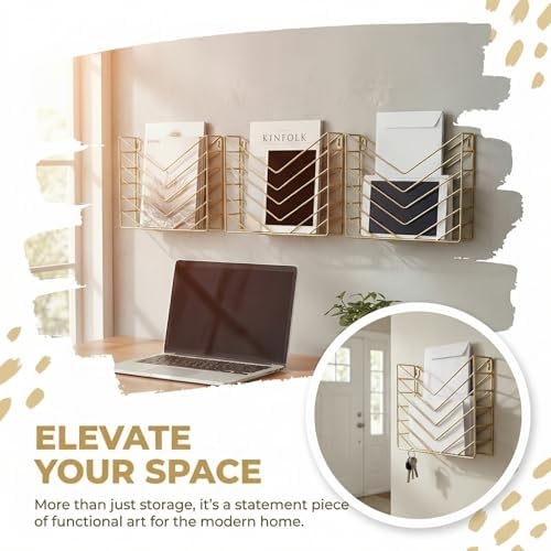 Gold Wall Mounted Magzine Holder, Metal Magazine Rack, Wall File Organizer Holder for Mail and Document Storage Gold - Image 3