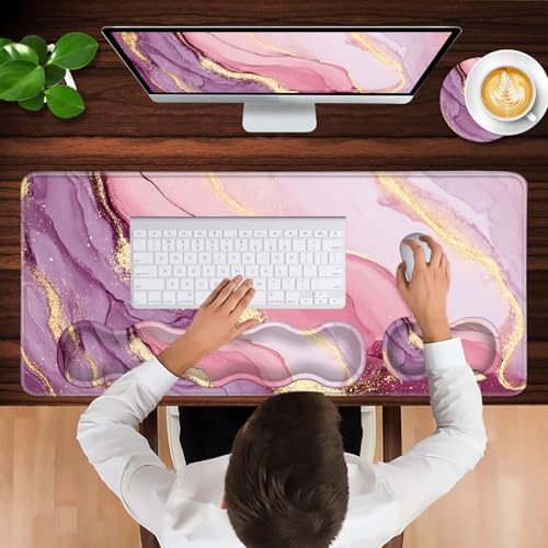 Keyboard Wrist Rest and Mouse Pad with Wrist Support Set Ergonomic Coaster,Memory Foam,Easy Typing Pain Relief,Large XL Desk Mat 31.5"x 11.8",Marble Pretty Pink - Image 4