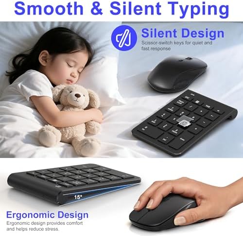 Wireless Mouse and Number Pad Combo - 22 Key USB Keypad and 3 Adjustable DPI Silent Mouse, 2.4GHz Ultra Slim & Portable Numeric Keypad and Mouse Set for Laptop, PC, Desktop, Notebook, One USB Receiver - Image 3