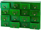 Emerald Green Wood 16-Drawer Apothecary Small Cabinet - 20"x3.6”x14” Card Catalog Style Table Top Organizer - Wooden Storage Box w/16 Drawers - 4-Level Countertop Organizer w/Label Holders & Handles by PrimoSupply