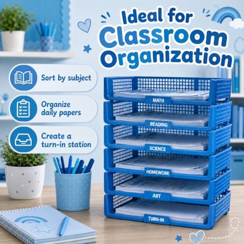 6 Pcs Blue Turn in Trays Classroom, Stackable Paper Bins for Classroom, 13x9x2.8 inch Plastic Baskets Desktop Organization System Office (Blue) - Image 5