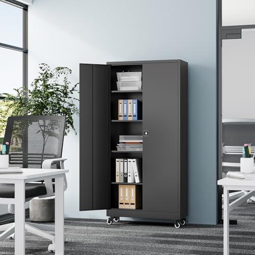 Fesbos Metal Rolling Storage Cabinet-74.6” Tall Steel File Cabinets with Wheels Lockable Doors and Adjustable Shelves-Black Steel Storage Cabinet for Home, School, Office, Garage - Image 2