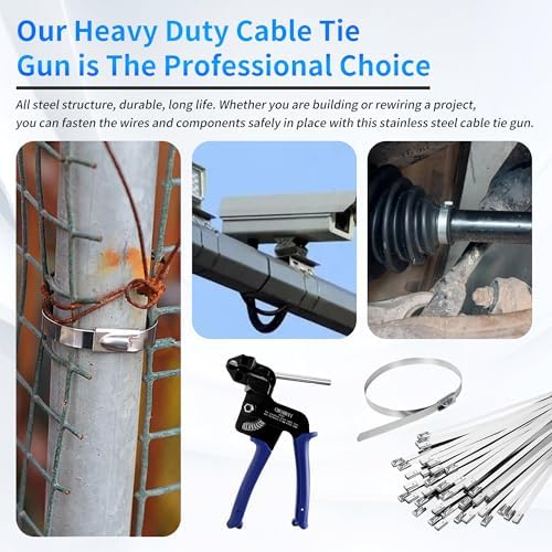 Heavy Steel Cable Tie Tool：Stainless Steel Zip Tie Gun, Metal Tie Wrap Gun Kit, Duty Outdoor Adjustable Fastening Cutting Tie Tool Sets with 100pcs Self-Locking Metal Steel Zip Ties CHUSHUYI - Image 6