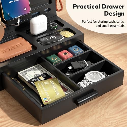 Sephyroth Bamboo Phone Docking Station Nightstand Organizer Cell Phone Stand Gifts for Men, Dad Gifts for Boyfriend, Husband with Drawer Storage (Black) - Image 3