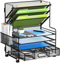MINDEPOT 4-Tier Paper Organizer + 3-Pocket File Holder + Drawer + Pen Holders, Desktop File Organizers Paper Tray for Office Accessories School Classroom Organization (Black) by MINDEPOT
